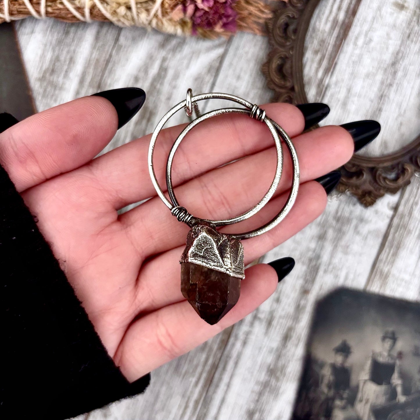 Raw smoky quartz crystal necklace in fine silver from FOXLARK, featuring a one-of-a-kind design in the Foxlark Collection.