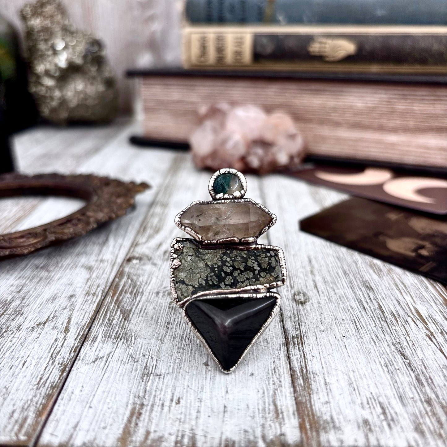 Multi Stone Obsidian Marcasite Clear Quartz Moss Agate Ring In Silver Size 8 / Foxlark Collection