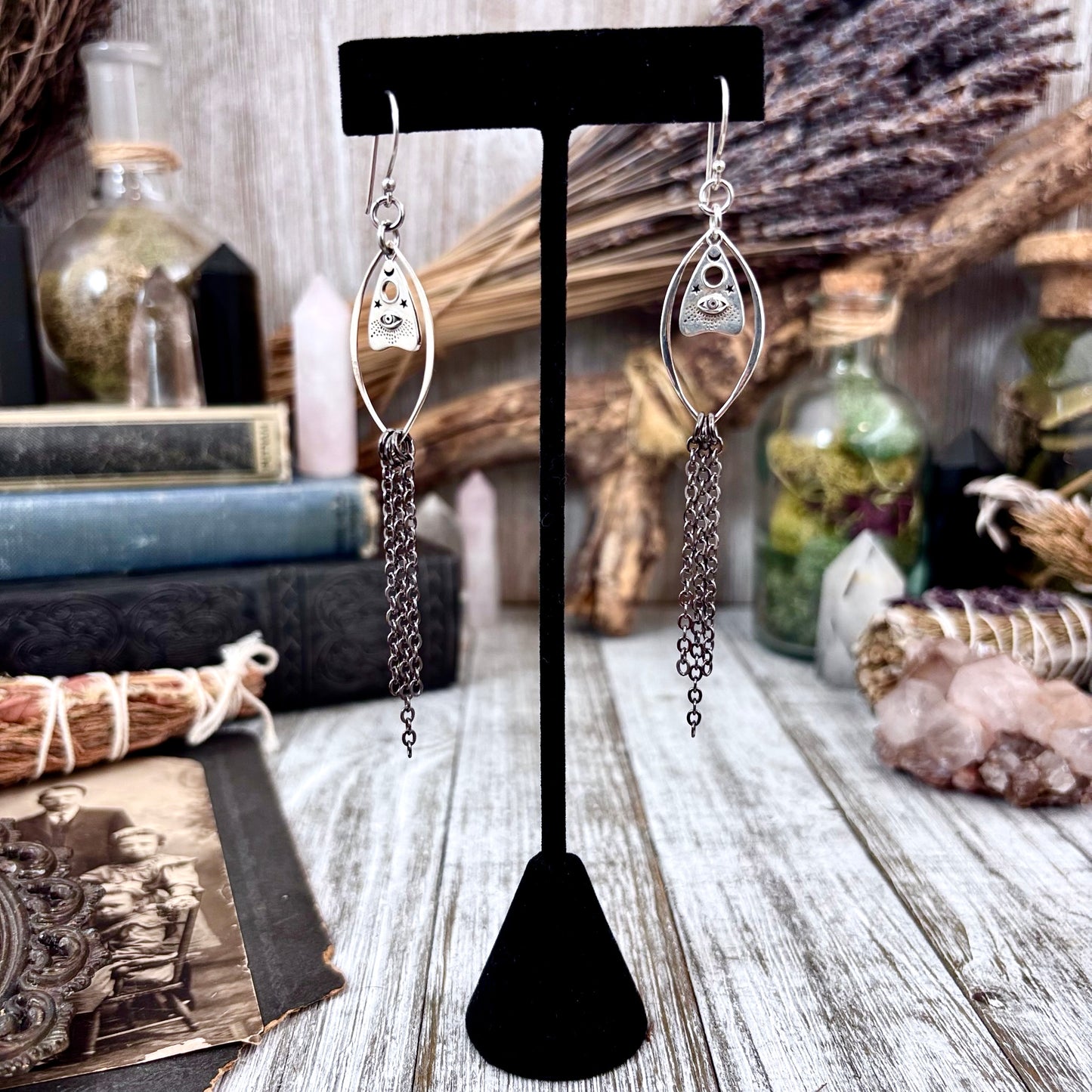 Sterling Silver Planchet Hoop Fringe Earrings / Long Dangle Witchy Earrings