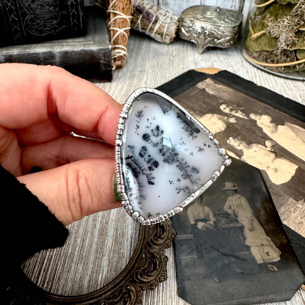 FOXLARK Dendritic Agate crystal ring set in fine silver, size 7.5, showcasing unique dendritic patterns and handcrafted design.