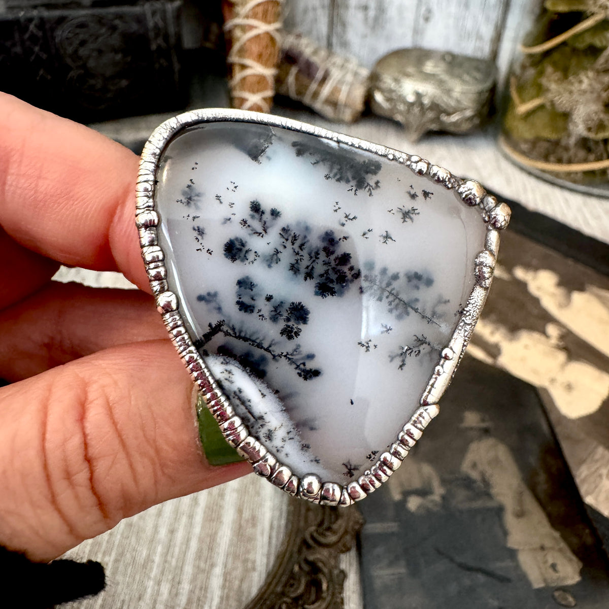 FOXLARK Dendritic Agate crystal ring set in fine silver, size 7.5, featuring unique dendritic patterns and handcrafted details.