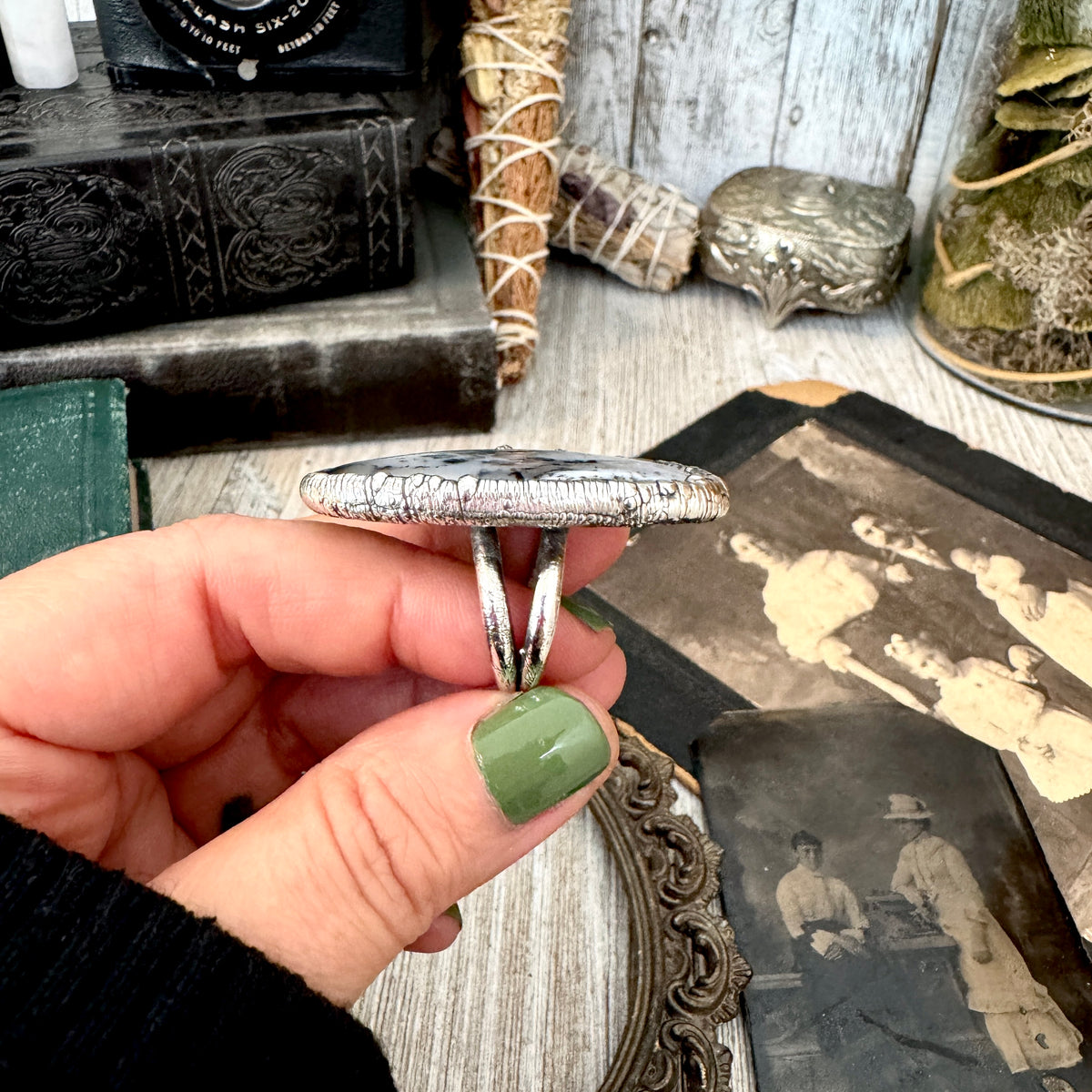 Dendritic Agate crystal ring set in fine silver, size 7.5, from FOXLARK's The Colossal Collection, featuring one-of-a-kind design.