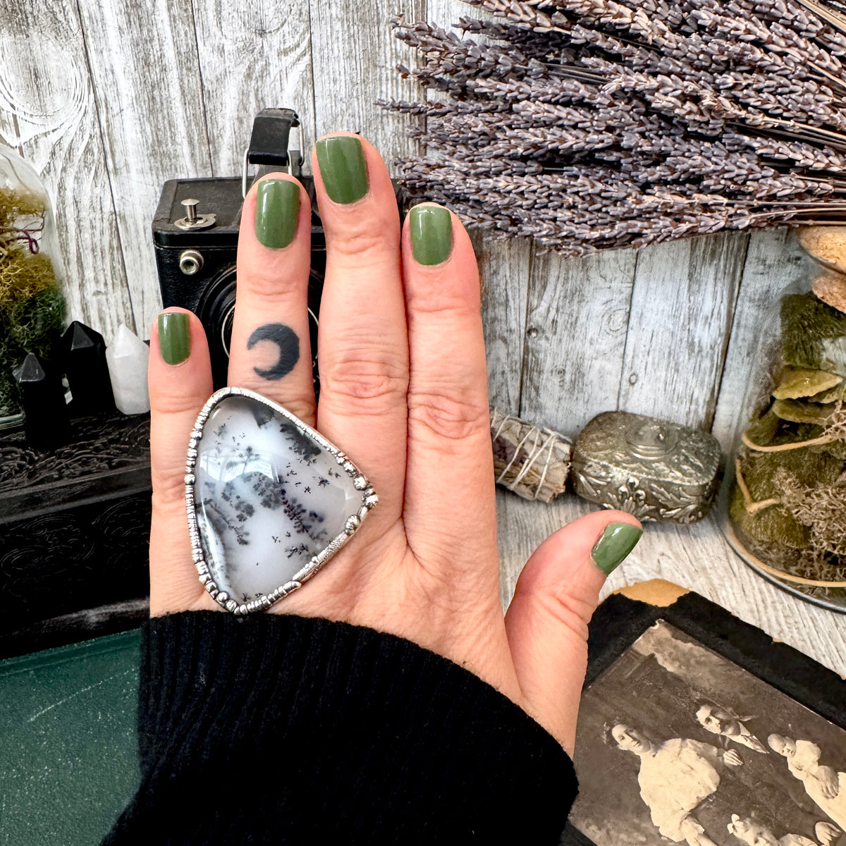 FoXLARK Dendritic Agate crystal ring set in fine silver, size 7.5, featuring unique dendritic patterns and handcrafted details.