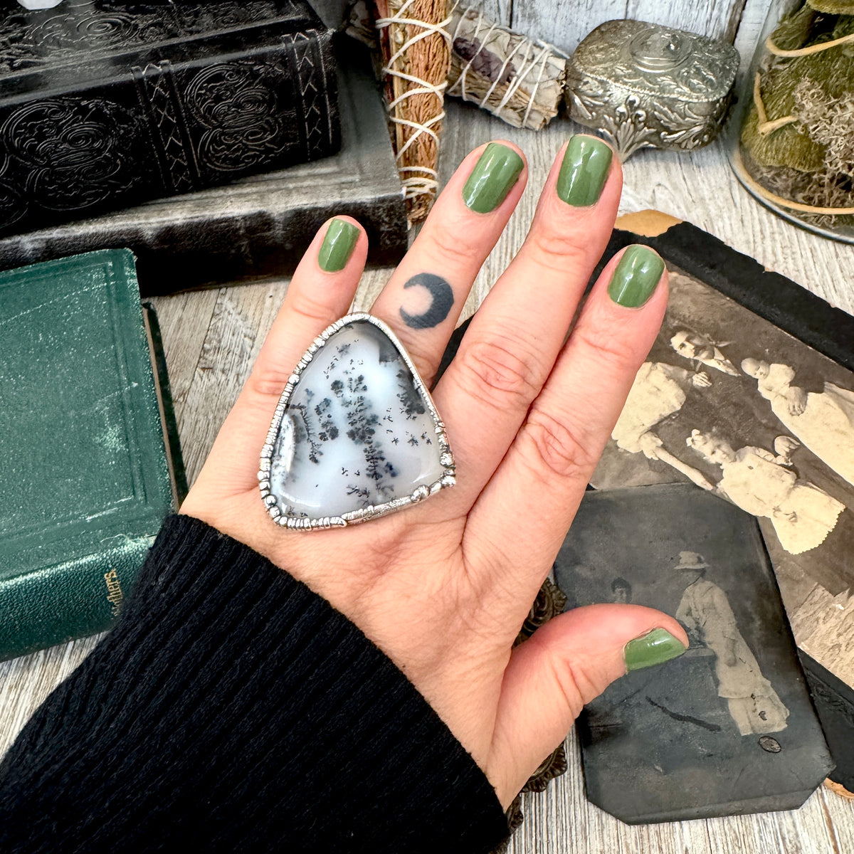 Dendritic Agate crystal ring set in fine silver by FOXLARK, featuring two unique size 7.5 rings with intricate natural patterns.
