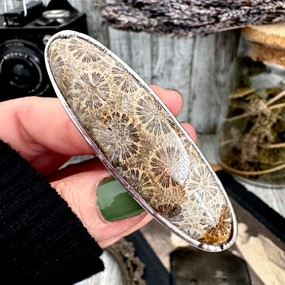 Fossilized coral crystal silver ring from FOXLARK's Colossal Collection, size 10, featuring a one-of-a-kind natural stone design.