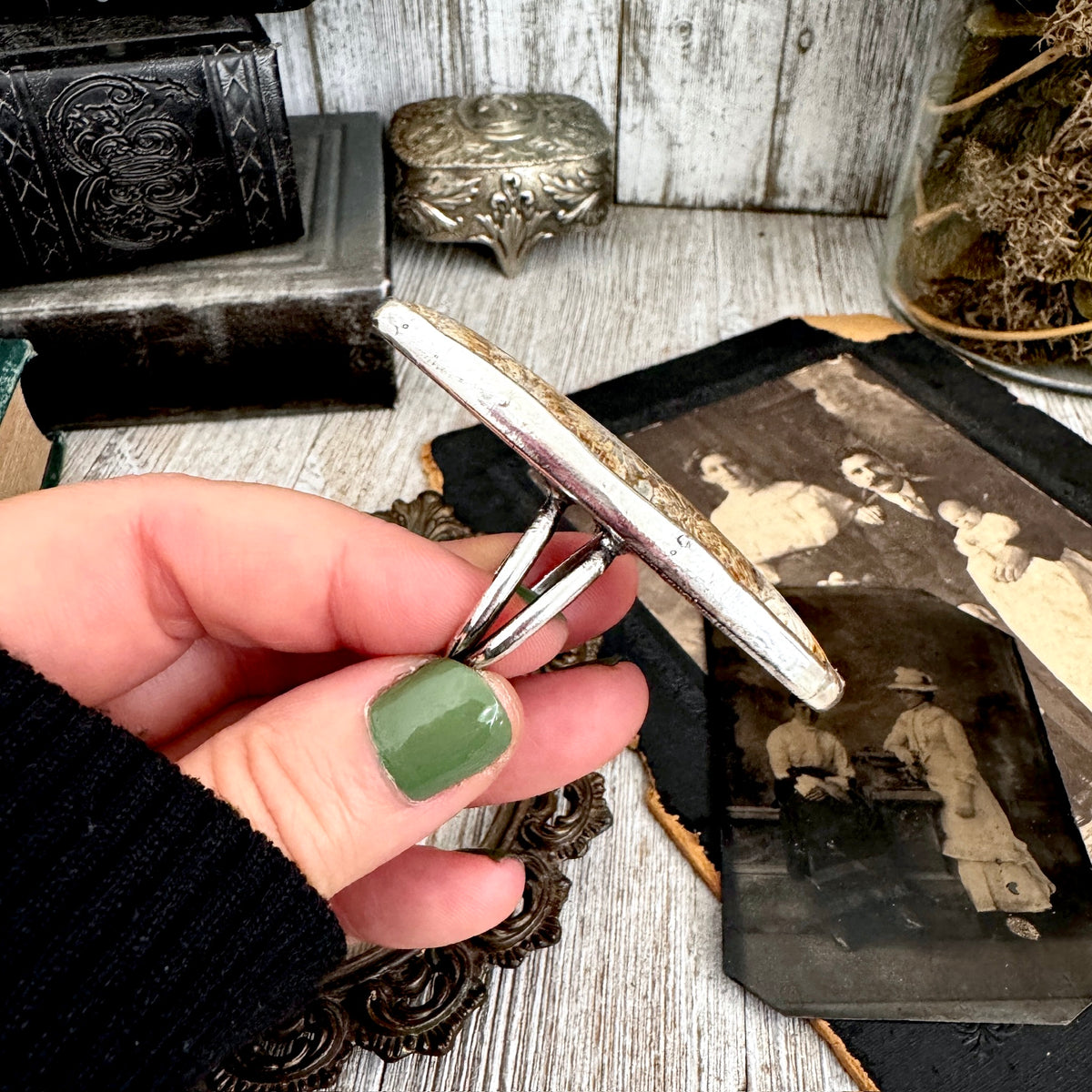 Fossilized coral crystal ring in fine silver, size 10, from FOXLARK's The Colossal Collection, featuring one-of-a-kind craftsmanship.