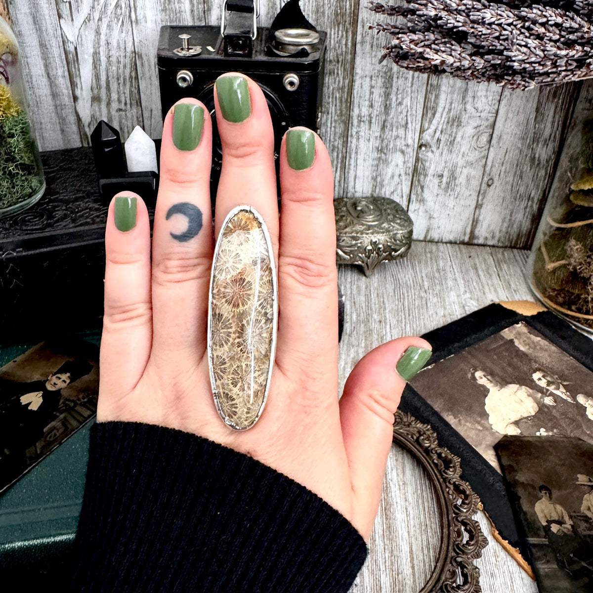 Fossilized coral crystal ring by FOXLARK, size 10, featuring fine silver band from The Colossal Collection, one-of-a-kind design.