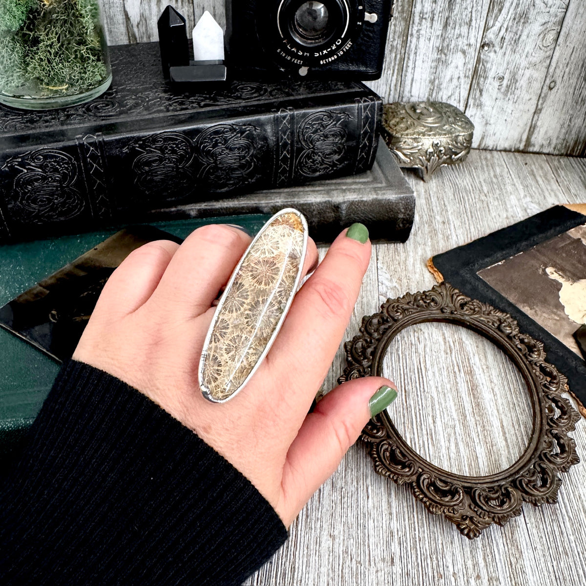 Fossilized coral crystal silver ring from FOXLARK's Colossal Collection, size 10, featuring one-of-a-kind fossilized coral design