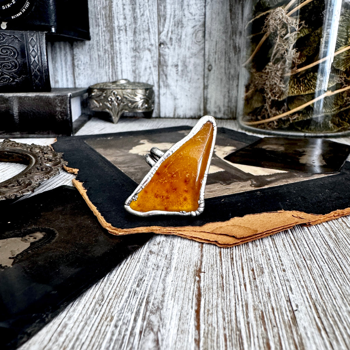 FoXLARK Raw Baltic Amber ring from The Colossal Collection, fine silver, size 11, one-of-a-kind jewelry piece.