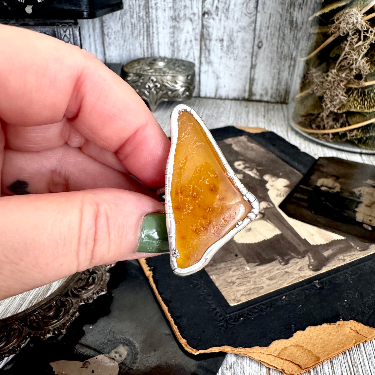FOXLARK Raw Baltic Amber ring, fine silver band, size 11, one of a kind, featuring a large raw amber gemstone.