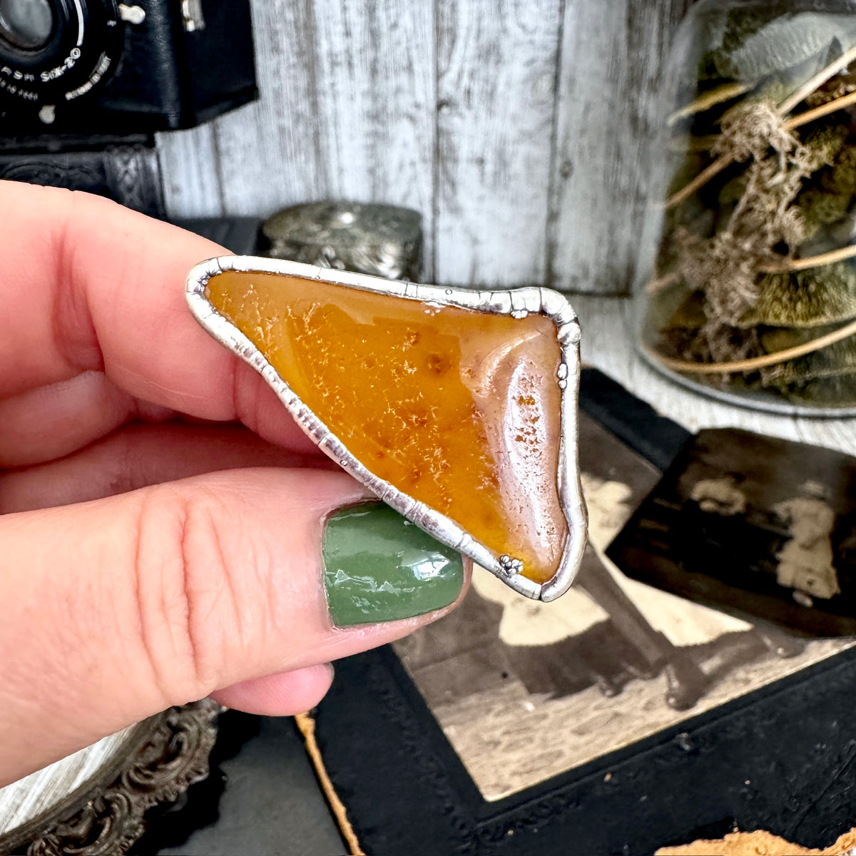 FOXLARK Raw Baltic Amber ring in fine silver, size 11, from The Colossal Collection, showcasing a one-of-a-kind, natural amber gemstone.