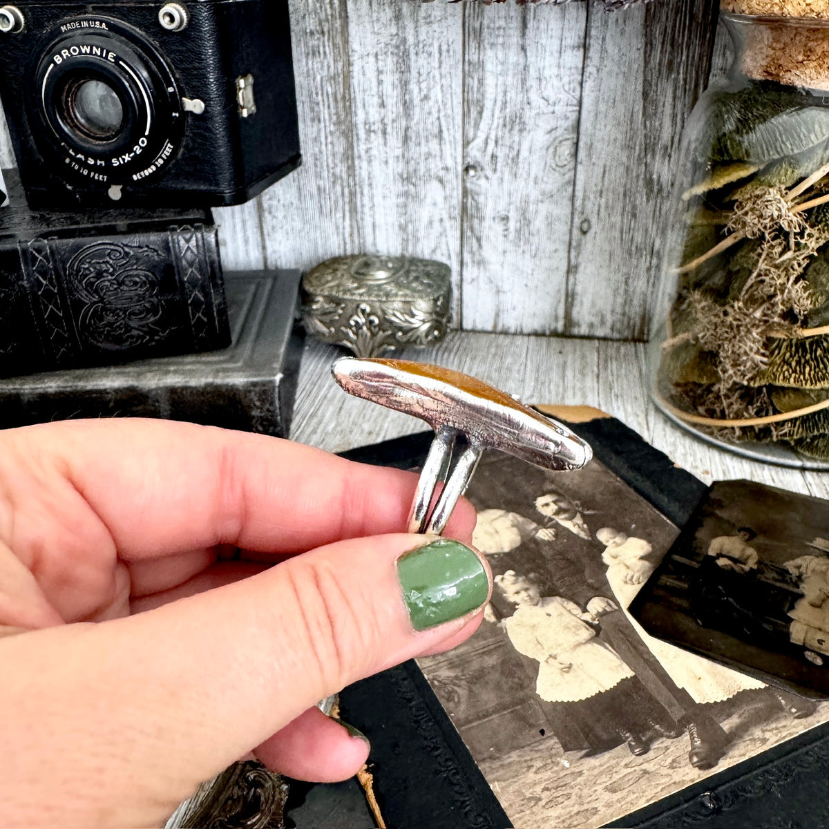 FOXLARK Raw Baltic Amber ring in fine silver, size 11, from The Colossal Collection, featuring a one-of-a-kind amber gemstone.