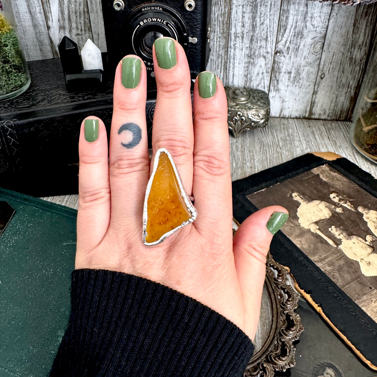 FoXLARK Raw Baltic Amber ring from The Colossal Collection in fine silver, size 11, showcasing a one-of-a-kind, handcrafted design.