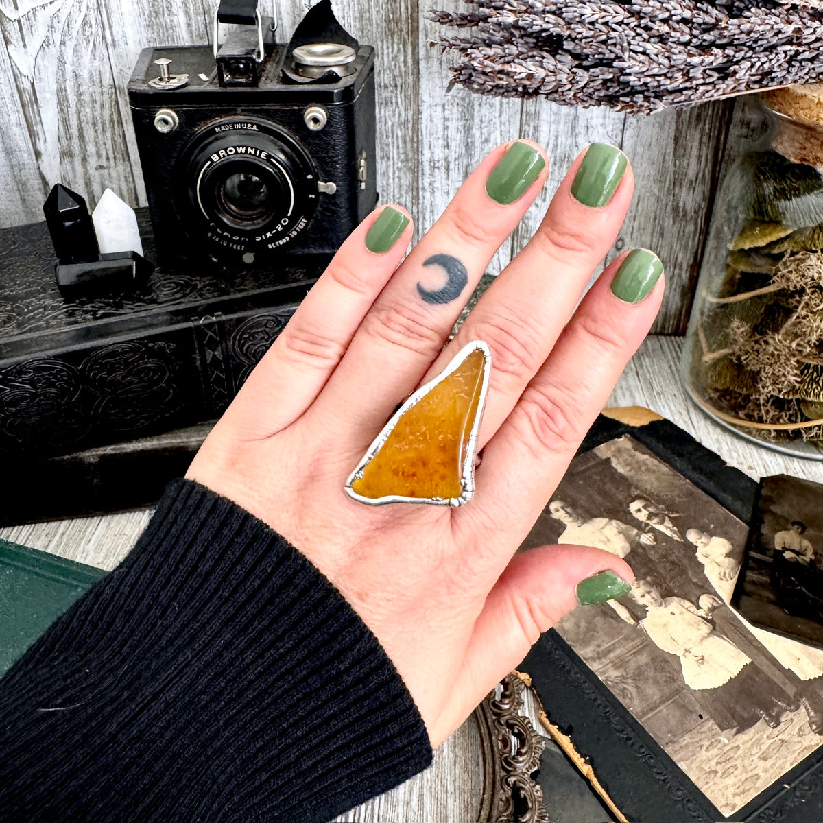 FOXLARK Raw Baltic Amber ring in fine silver, size 11, from The Colossal Collection, featuring a one-of-a-kind natural amber gemstone.