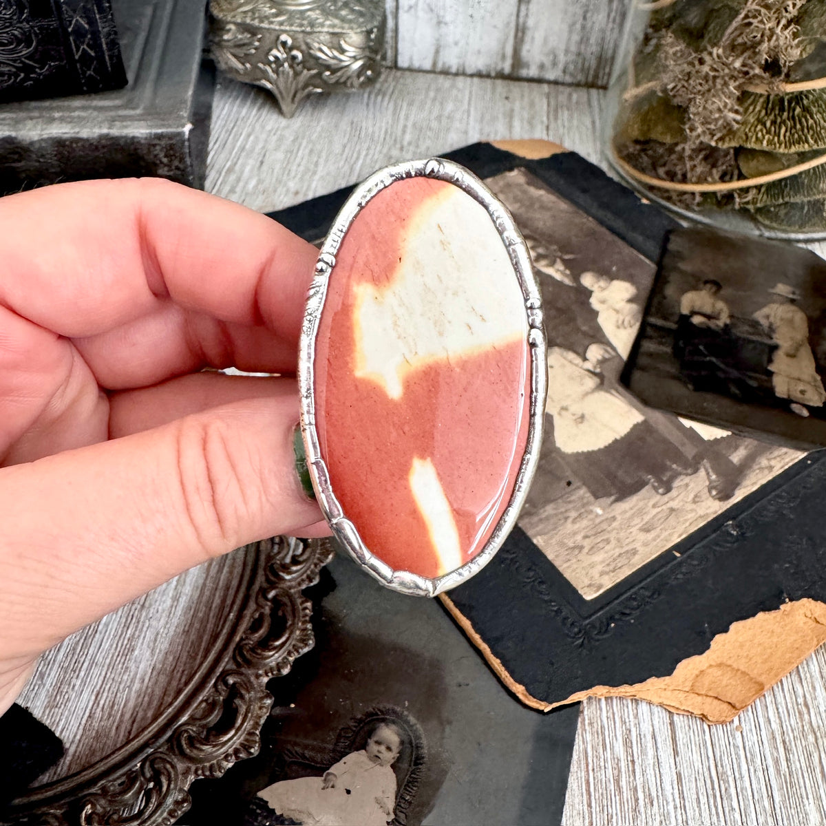FOXLARK Mookaite ring in fine silver, size 11, showcasing a one-of-a-kind, polished gemstone setting in a close-up view.