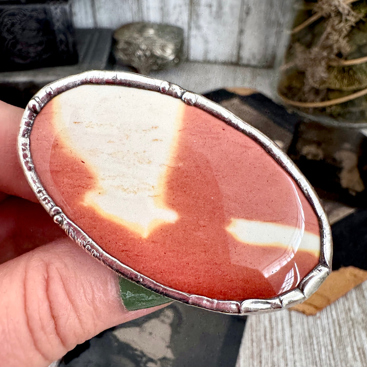 FOXLARK Mookaite ring in fine silver, size 11, showcasing a one-of-a-kind, polished Mookaite gemstone on a sleek silver band.