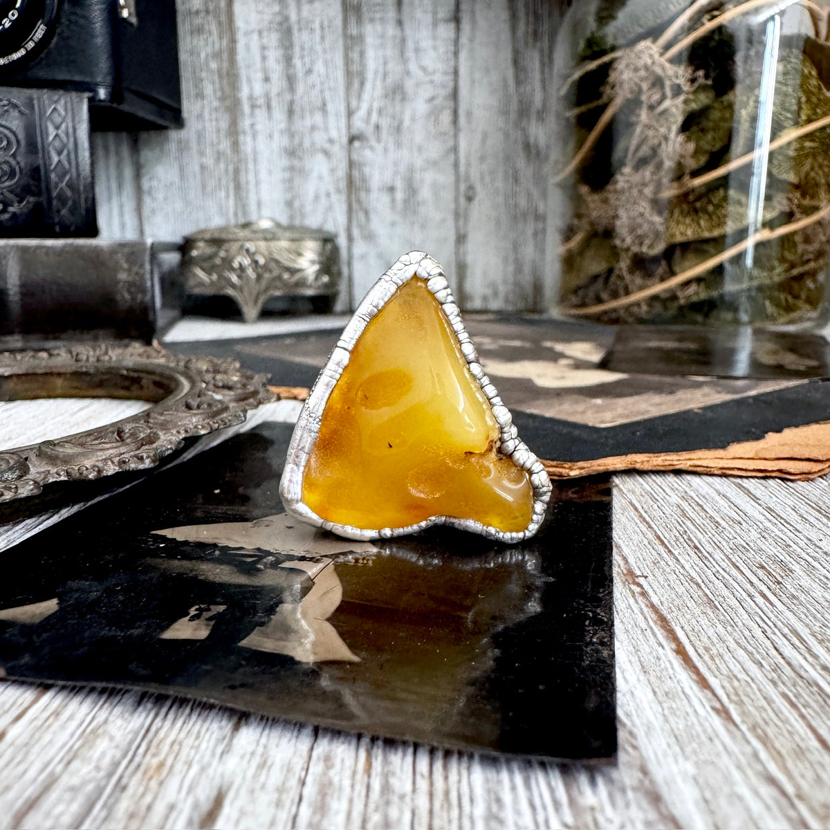 Raw Baltic amber crystal ring by FOXLARK, fine silver band, size 8, featuring a one-of-a-kind natural amber gemstone.