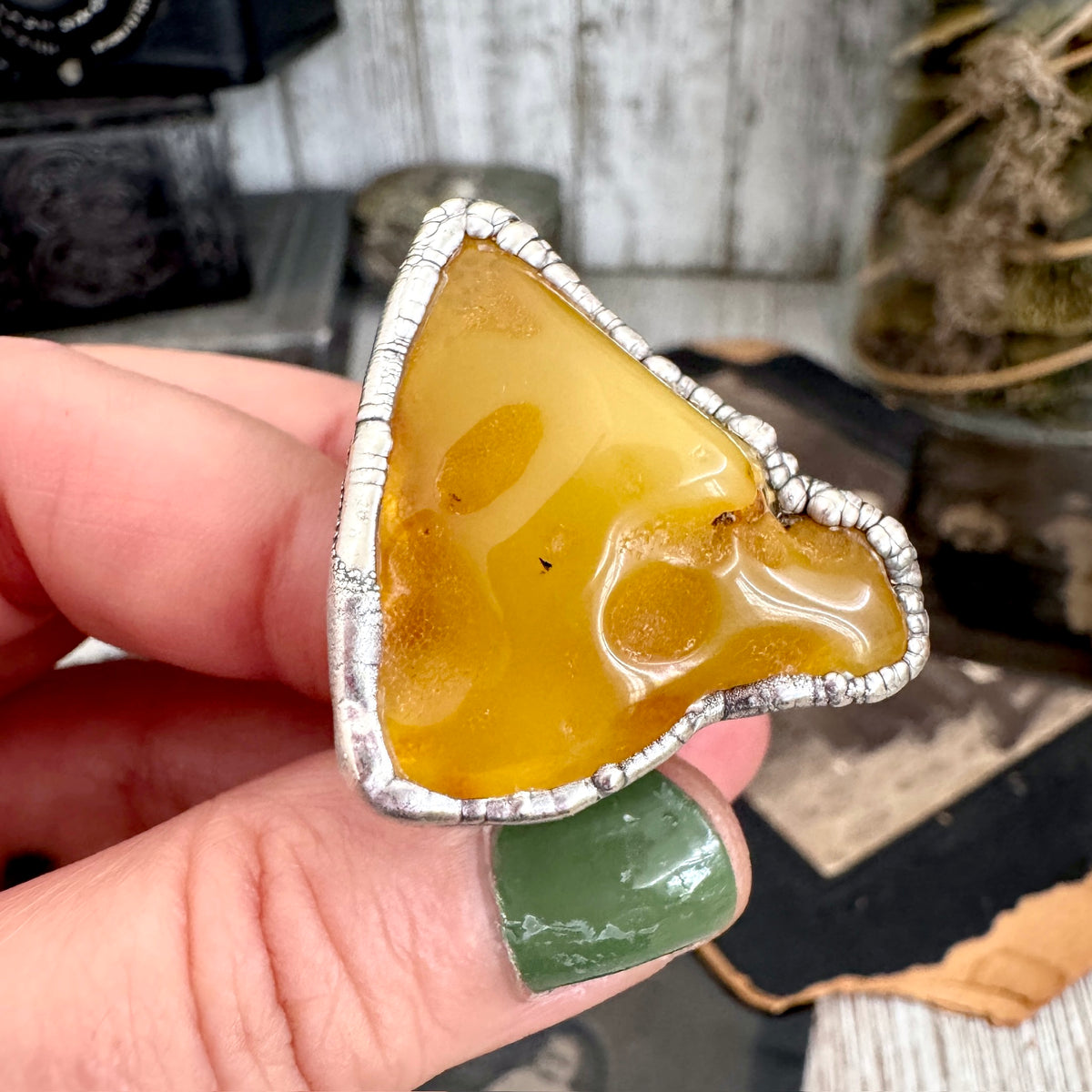 Raw Baltic amber crystal ring by FOXLARK with fine silver band, size 8, showcasing a one-of-a-kind natural amber gemstone.
