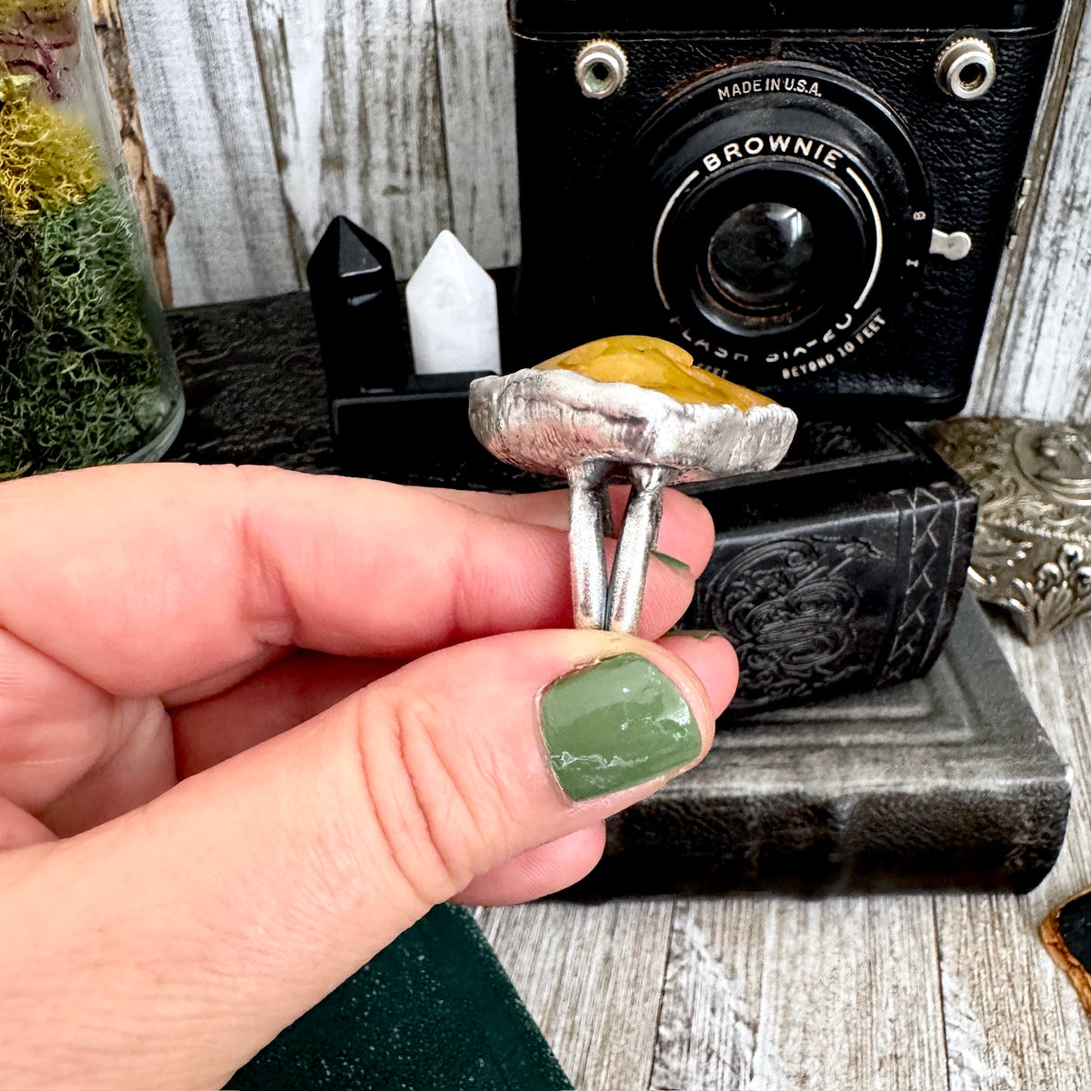Raw Baltic amber crystal ring by FOXLARK, featuring fine silver band, size 8, one of a kind, showcasing the unique amber gemstone.