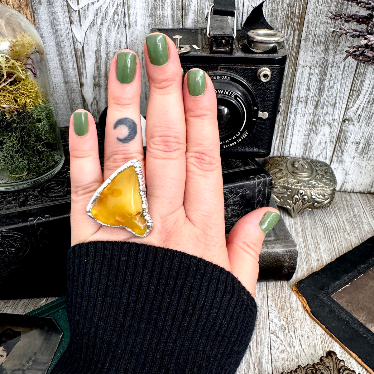 Raw Baltic amber crystal ring by FOXLARK, size 8, featuring a fine silver band in The Colossal Collection, one-of-a-kind jewelry piece.