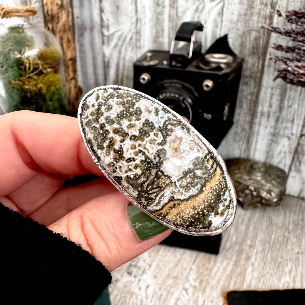 FOXLARK Ocean Jasper ring set in fine silver, size 7, featuring one-of-a-kind ocean-themed gemstone jewelry.