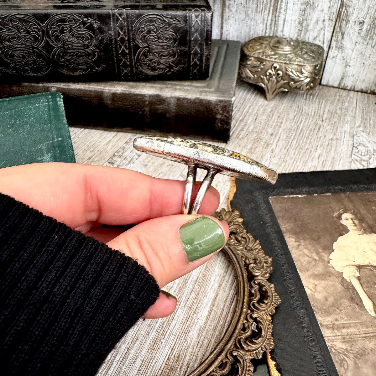 FOXLARK Ocean Jasper ring set in fine silver, size 7, featuring one-of-a-kind ocean jasper stones in a handcrafted jewelry design.