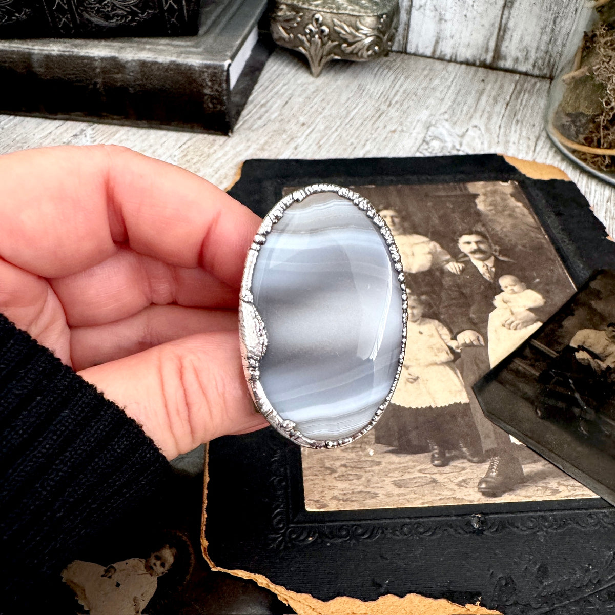 FOXLARK Blue Banded Agate crystal ring set in fine silver, size 11, featuring intricate banded gemstone designs.