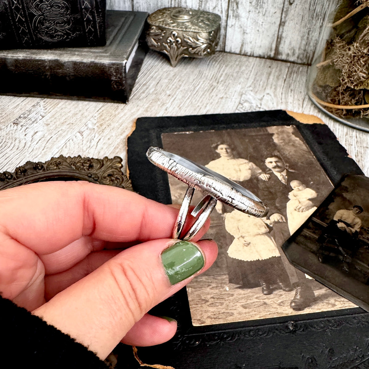 FOXLARK Blue Banded Agate crystal ring set in fine silver, size 11, featuring natural banding and a one-of-a-kind design.