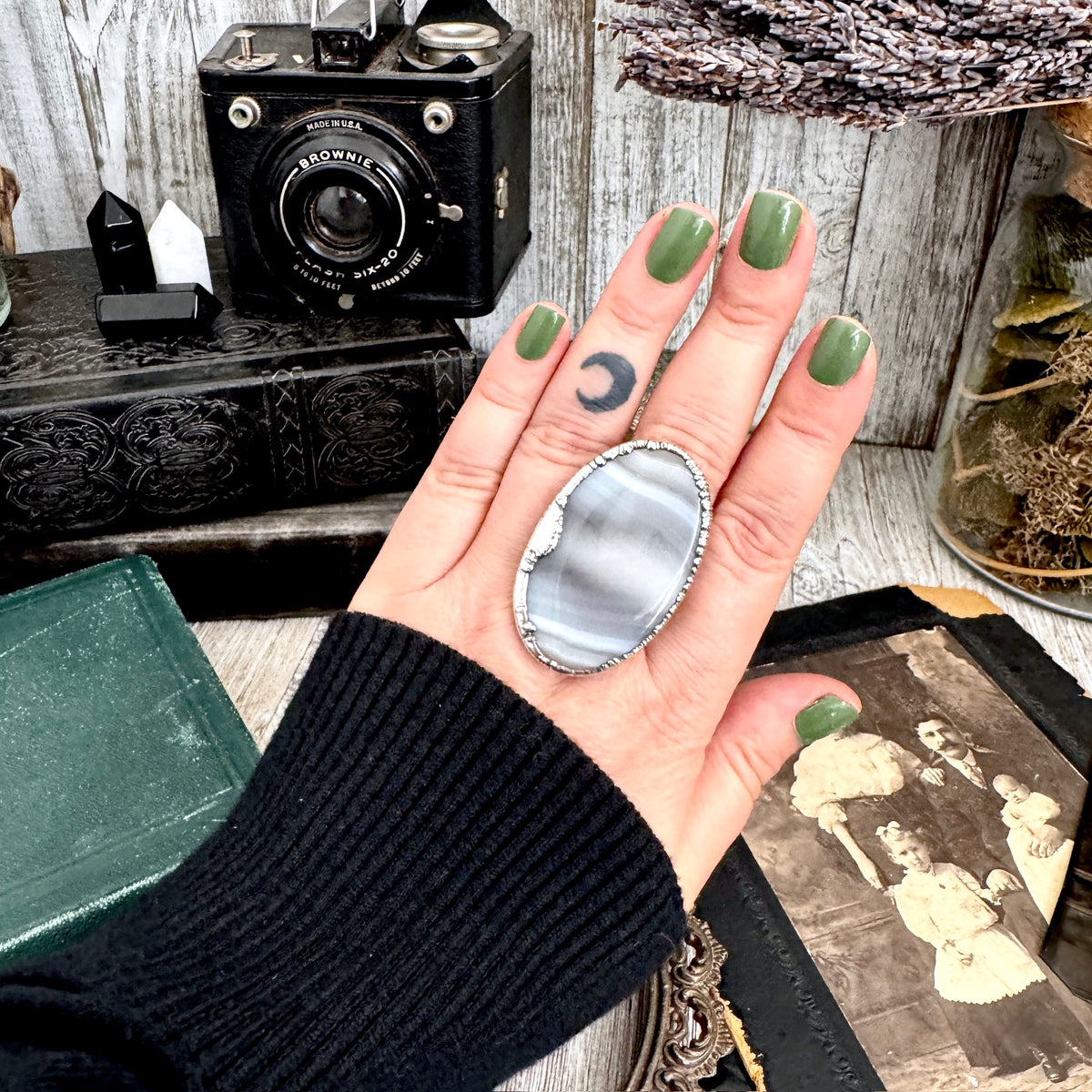 Blue banded agate crystal ring set by FOXLARK featuring fine silver, size 11, with intricate one-of-a-kind design.