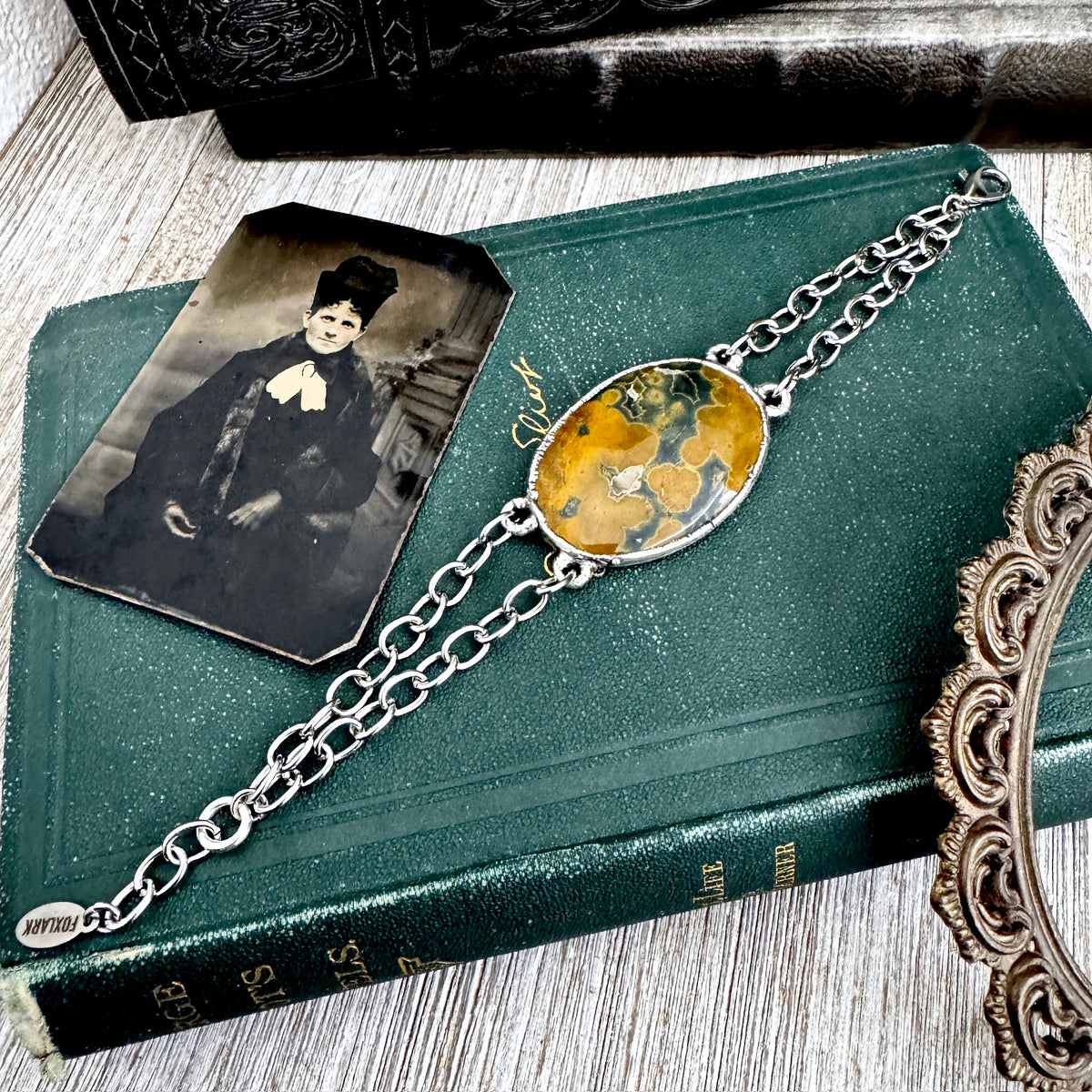 Ocean Jasper crystal bracelet by Foxlark Crystal Jewelry featuring fine silver, one-of-a-kind design with polished ocean-green stones.