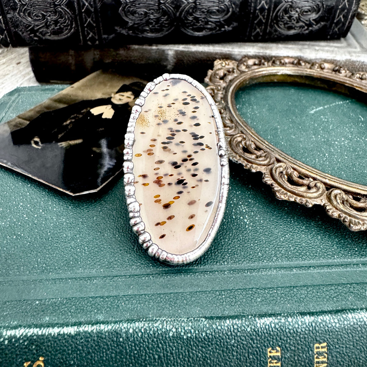 Foxlark Montana Moss Agate crystal ring in fine silver, size 8, from The Colossal Collection featuring a one-of-a-kind design.