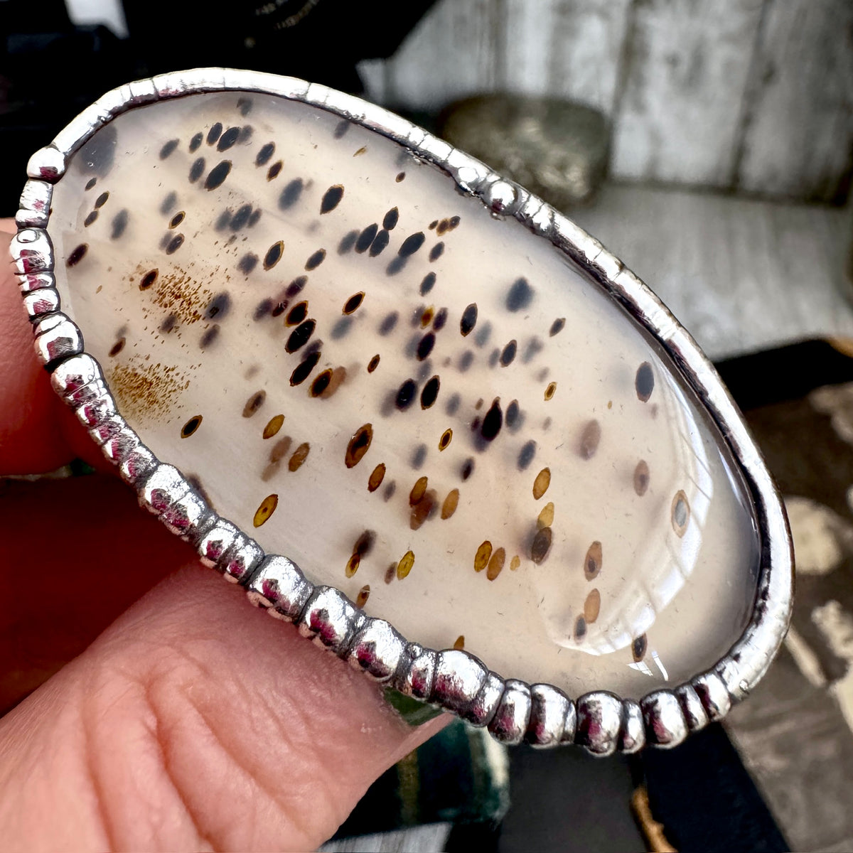 Foxlark Montana Moss Agate crystal ring in fine silver, size 8, from the Colossal Collection, featuring a one-of-a-kind design.