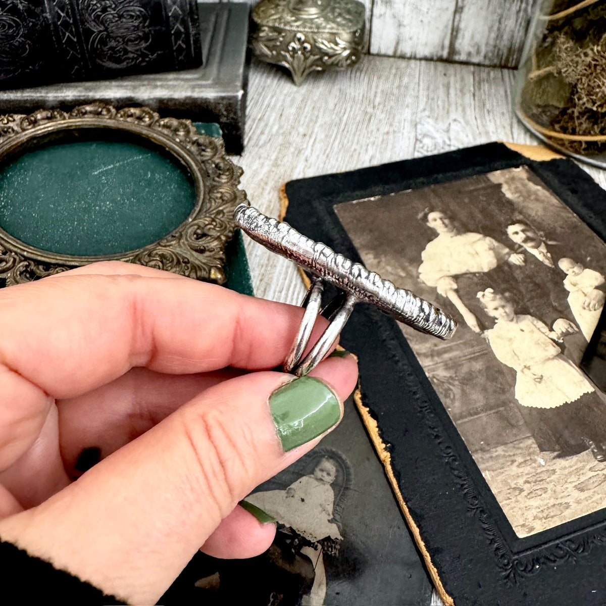 Foxlark Montana Moss Agate crystal ring in fine silver, size 8, from The Colossal Collection, featuring a one-of-a-kind design.