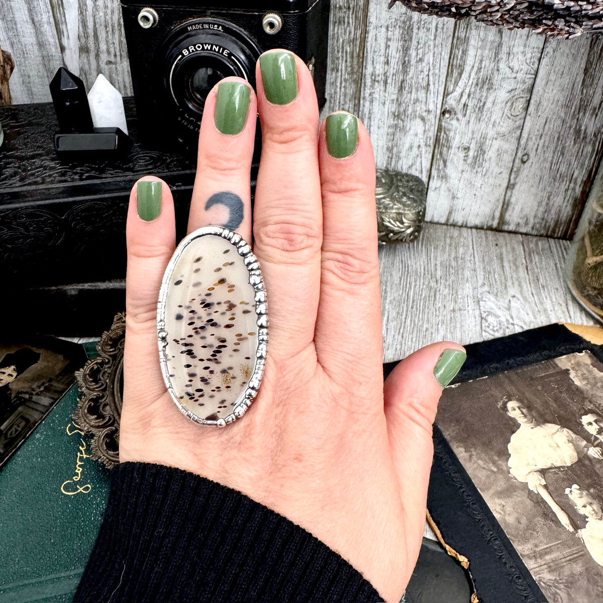 Foxlark Montana Moss Agate crystal ring in fine silver, size 8, from The Colossal Collection, featuring a one-of-a-kind design.