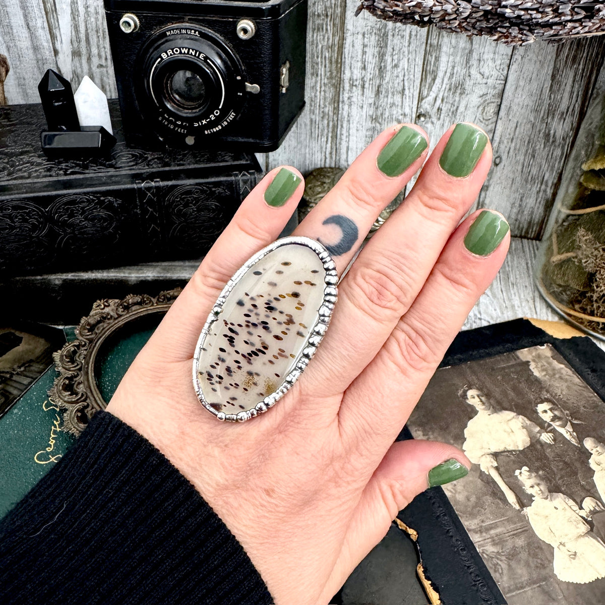 Foxlark Montana Moss Agate crystal ring in fine silver, size 8, from The Colossal Collection, one of a kind, elegant jewelry piece.