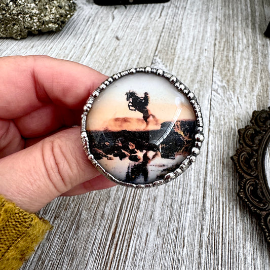 Road To Nowhere - Vintage Cowboy On Horse Reflection Ring Fine Silver Size 8 / One of a Kind