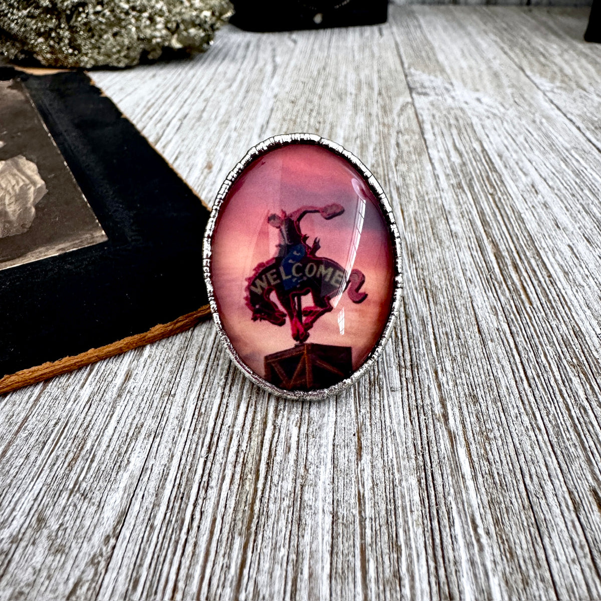 FOXLARK cowboy road sign sunset ring in fine silver, size 9, featuring a unique "Road To Nowhere" design with detailed sunset motif.