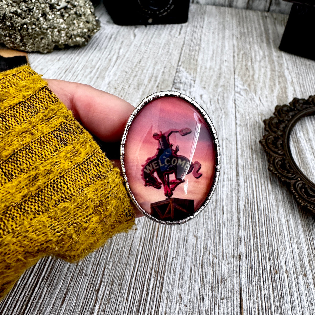 FOXLARK Cowboy Road Sign Sunset Ring in fine silver, size 9, featuring a unique "Road To Nowhere" design with sunset details