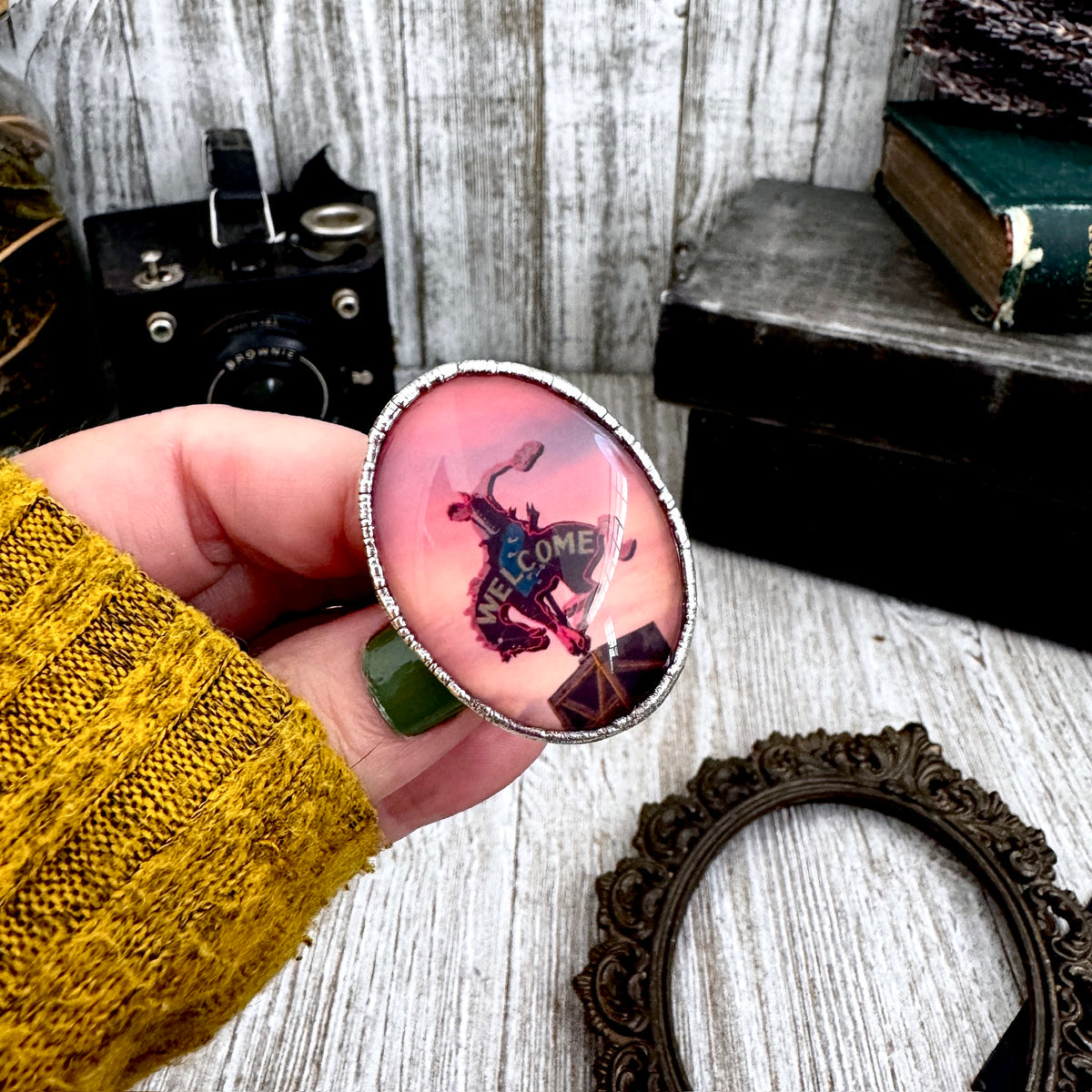 Fine silver cowboy road sign sunset ring by FOXLARK, size 9, featuring unique "Road To Nowhere" design and detailed craftsmanship.