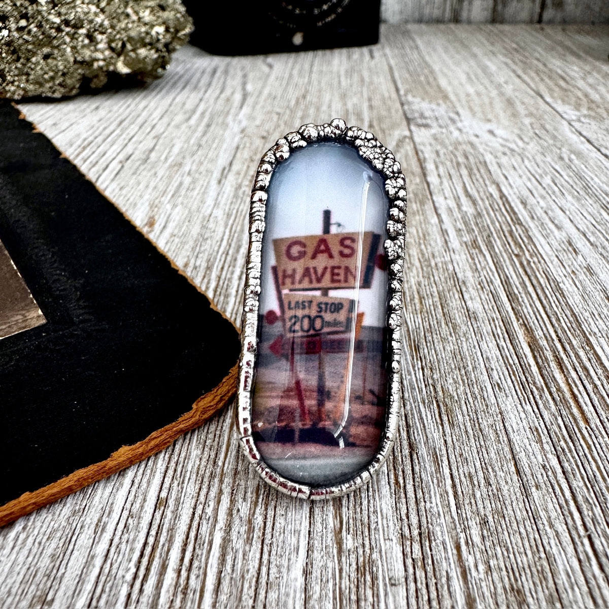 Fine silver Road To Nowhere gas station road sign ring by FOXLARK, size 6.5, one of a kind, detailed vintage-inspired jewelry piece.