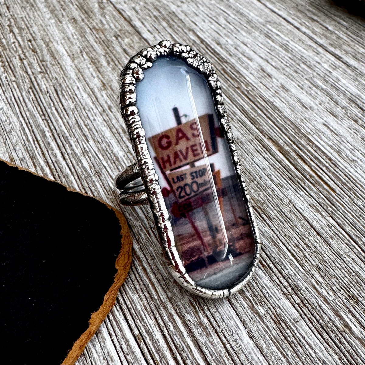 Fine silver ring featuring the "Road To Nowhere" gas station road sign design, size 6.5, by FOXLARK, one of a kind.
