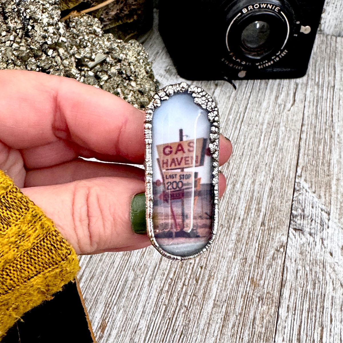 Fine silver ring featuring the "Road To Nowhere" gas station road sign design by FOXLARK, size 6.5, one-of-a-kind jewelry piece.