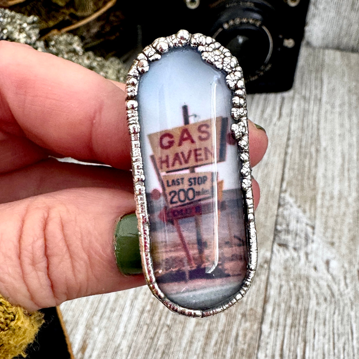 Fine silver ring by FOXLARK featuring a "Road To Nowhere" gas station road sign design, size 6.5, one of a kind.