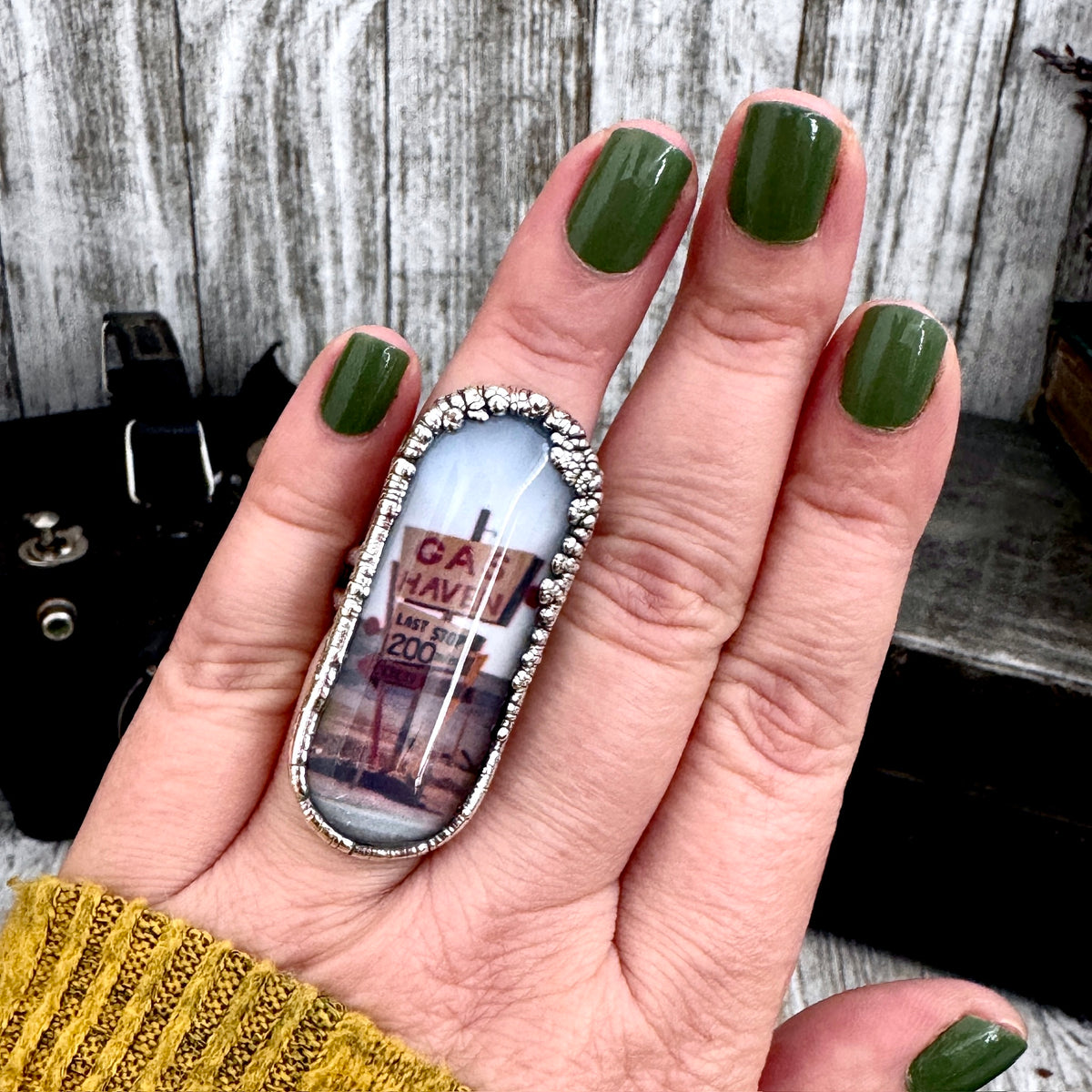 Fine silver Road To Nowhere gas station road sign ring by FOXLARK, size 6.5, one of a kind, detailed vintage-inspired jewelry piece