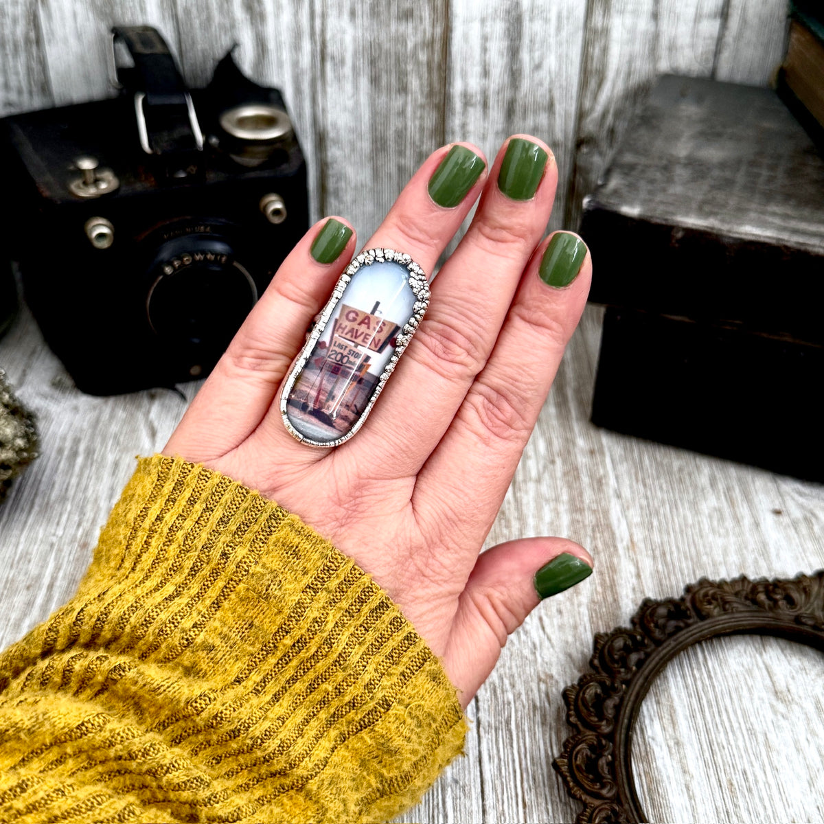 Fine silver ring featuring a "Road To Nowhere" gas station road sign design by FOXLARK, size 6.5, one of a kind.