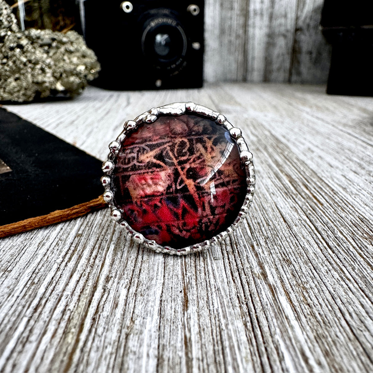 Fine silver dive bar graffiti ring by FOXLARK, size 10.5, featuring unique artistic design on the road to nowhere.