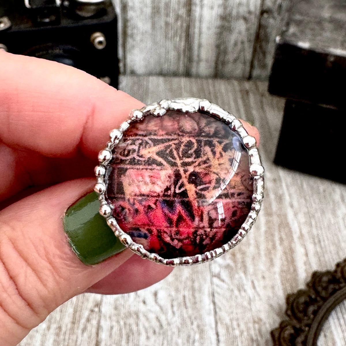 Fine silver Dive Bar Graffiti Ring by FOXLARK, size 10.5, featuring unique street art design on a one-of-a-kind ring.