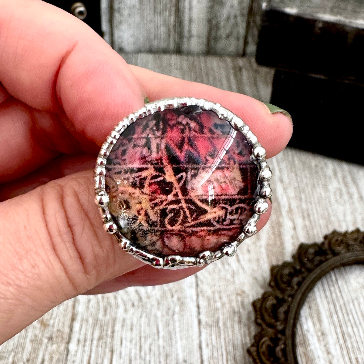 Fine silver Dive Bar Graffiti Ring by FOXLARK, size 10.5, featuring unique graffiti design on a one-of-a-kind Road To Nowhere ring.