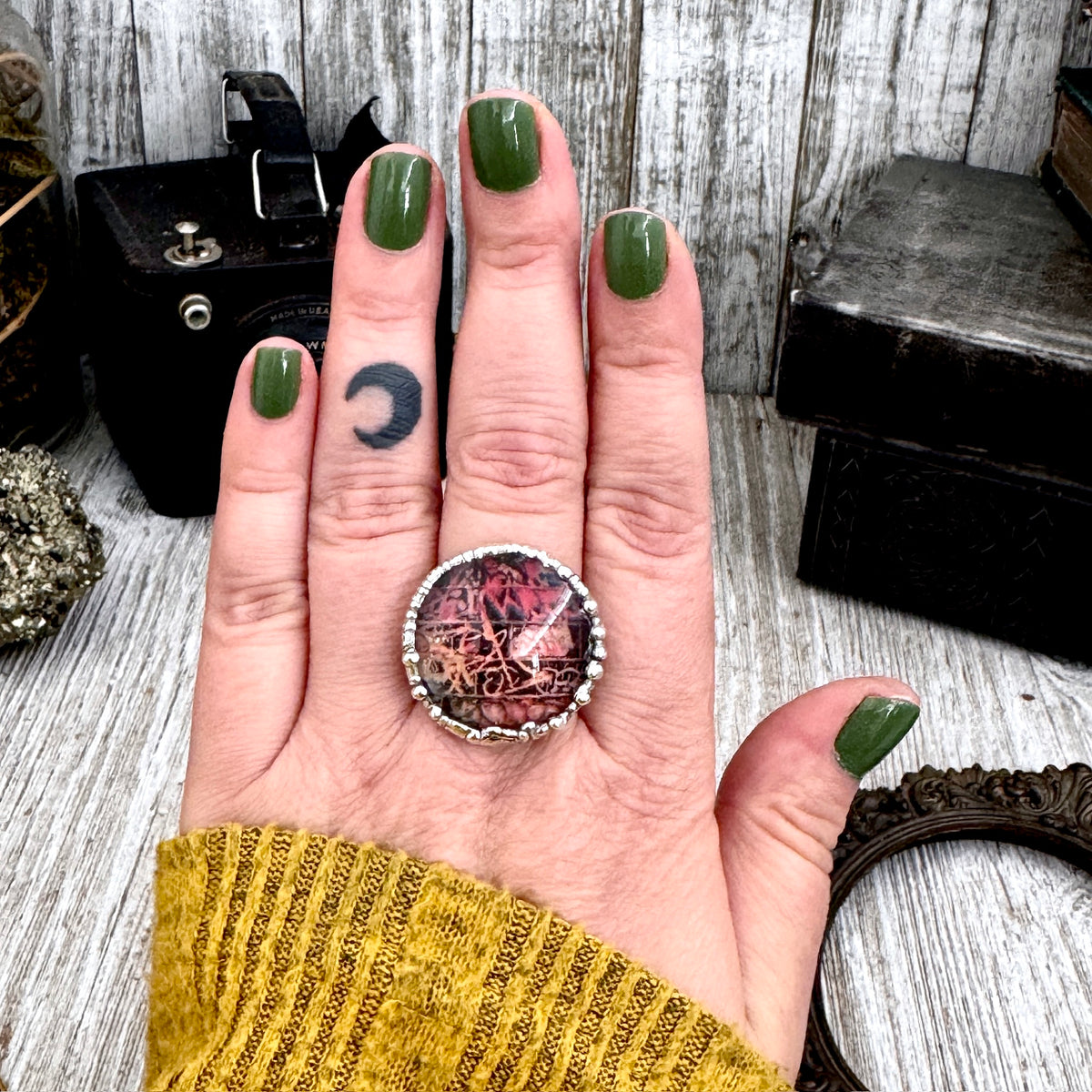 Fine silver "Road To Nowhere" Dive Bar graffiti ring by FOXLARK, size 10.5, showcasing detailed graffiti design on the band.