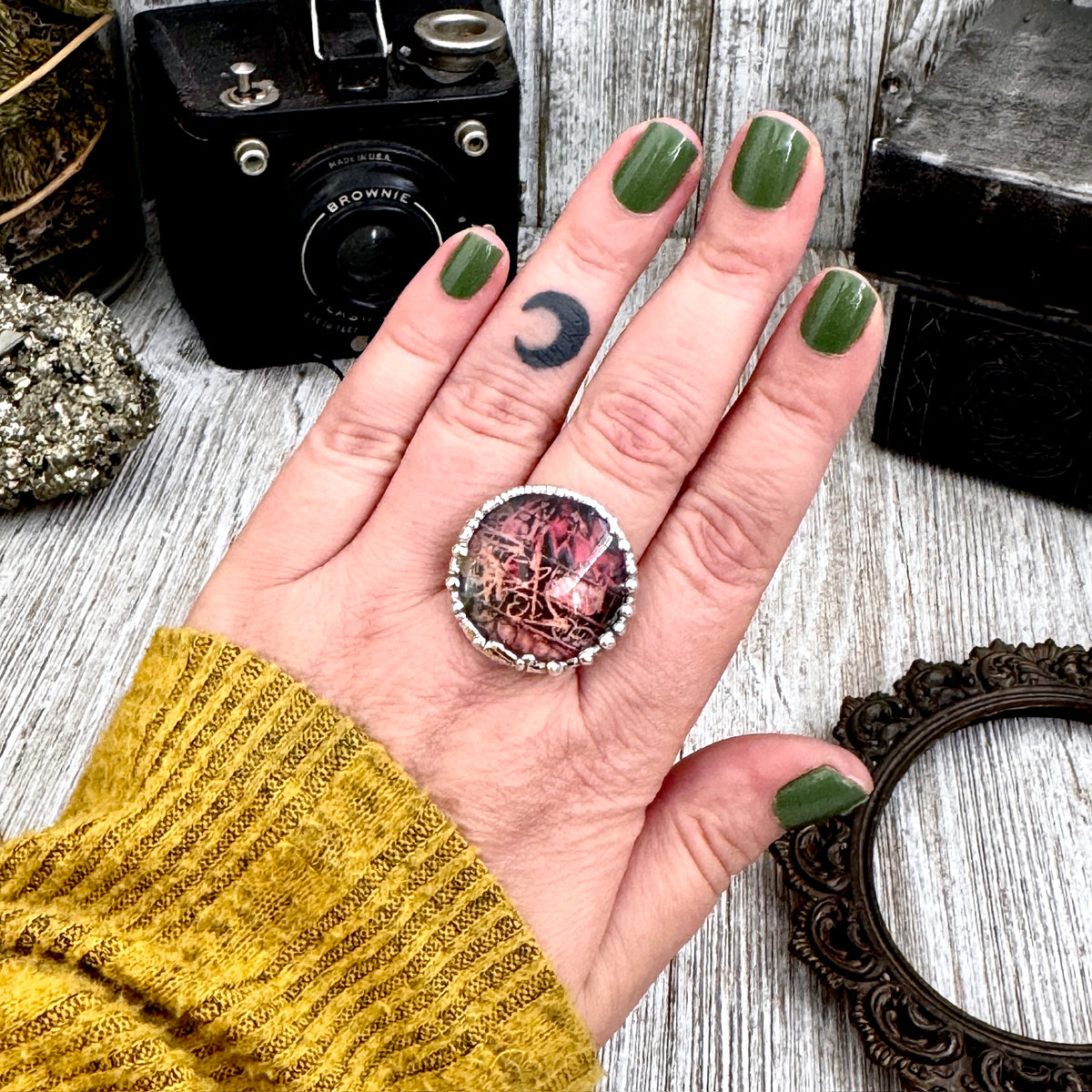 FOXLARK Dive Bar Graffiti Ring in fine silver, size 10.5, featuring unique graffiti design, one-of-a-kind jewelry piece.